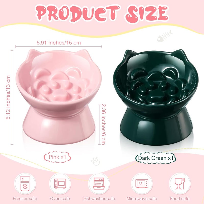 Funnymoom 2 Pcs Ceramic Elevated Slow Feeder Cat Bowl Cute Tilted Anti Vomiting Raised Cat Bowl for Dry Wet Food and Water Easy to Clean High Edge Pet for Small Dogs(Dark Green, Pink) - Image 2